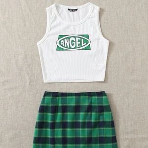 Angel graphic rib crop tank top with plaid skirt set